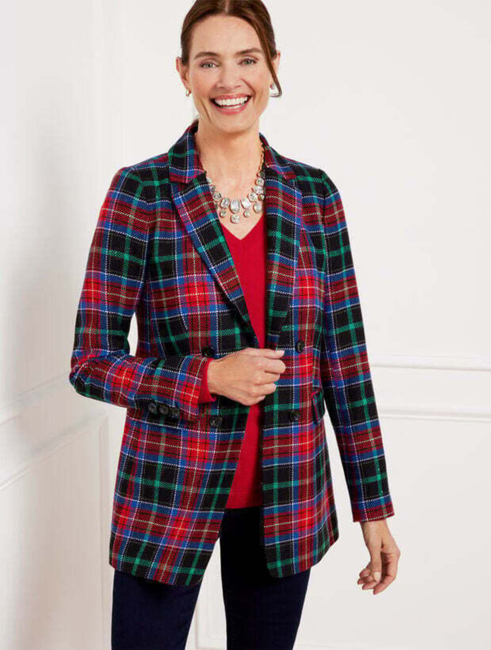Talbots Log Fire Plaid Double-Breasted Longline Blazer Jacket Size 10